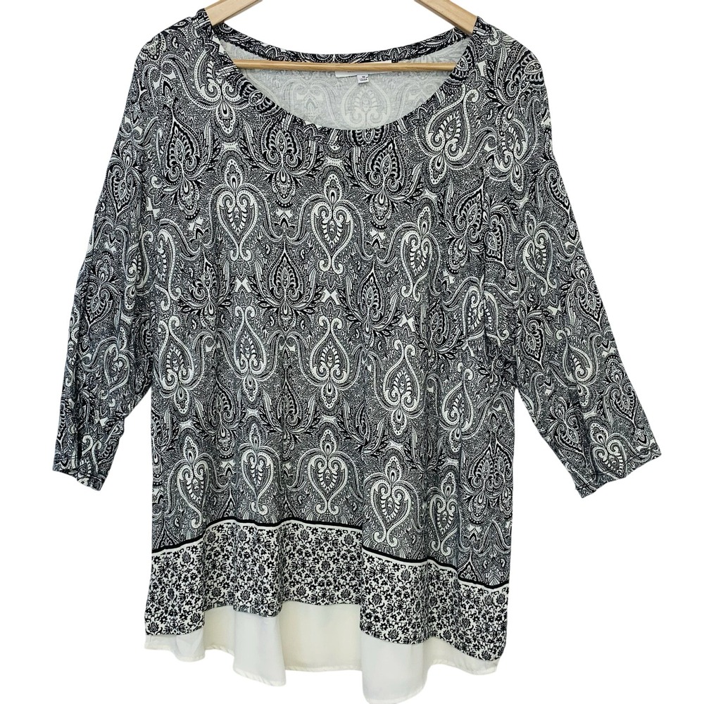 Rose & Olive Blouse 1X Pull Over Printed Stretch 3/4 Sleeve Classic Office Work